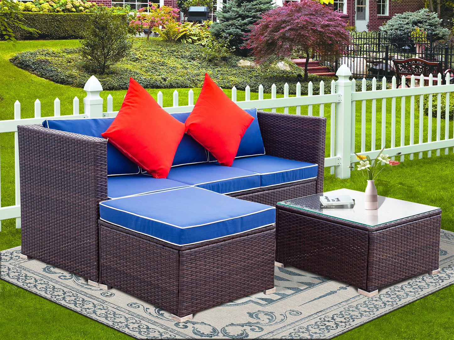 3 PCS Patio Sectional Sofa Conversation Set, All Weather Rattan Patio Furniture Set, Brown Outdoor Chaise Lounge Set with Cushion and Table, Deck Backyard Porch Furniture