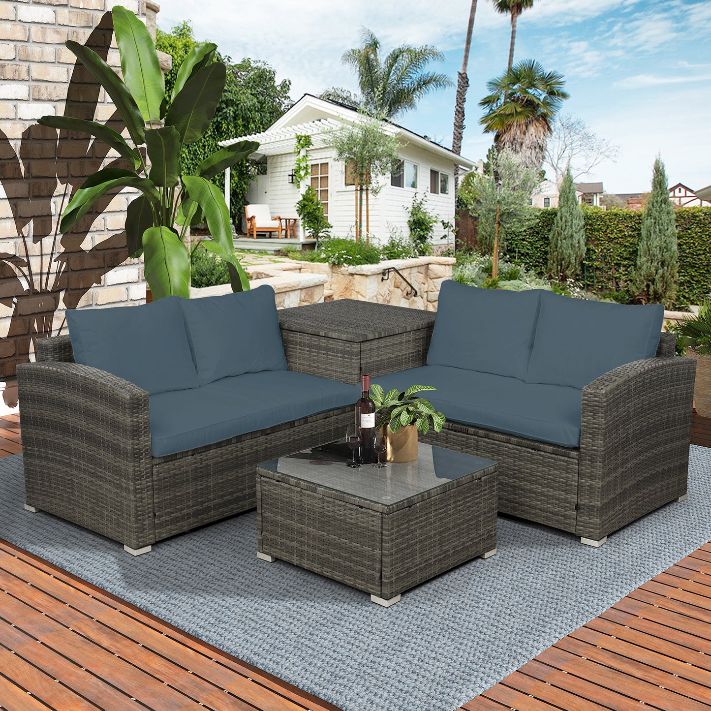 4 Piece Wicker Patio Sofa Set, PE Rattan Outdoor Sectional Sofa Set with Loveseat, Coffee Table and Storage Box, Outdoor Furniture Patio Conversation Sets for Garden Deck Porch Backyard
