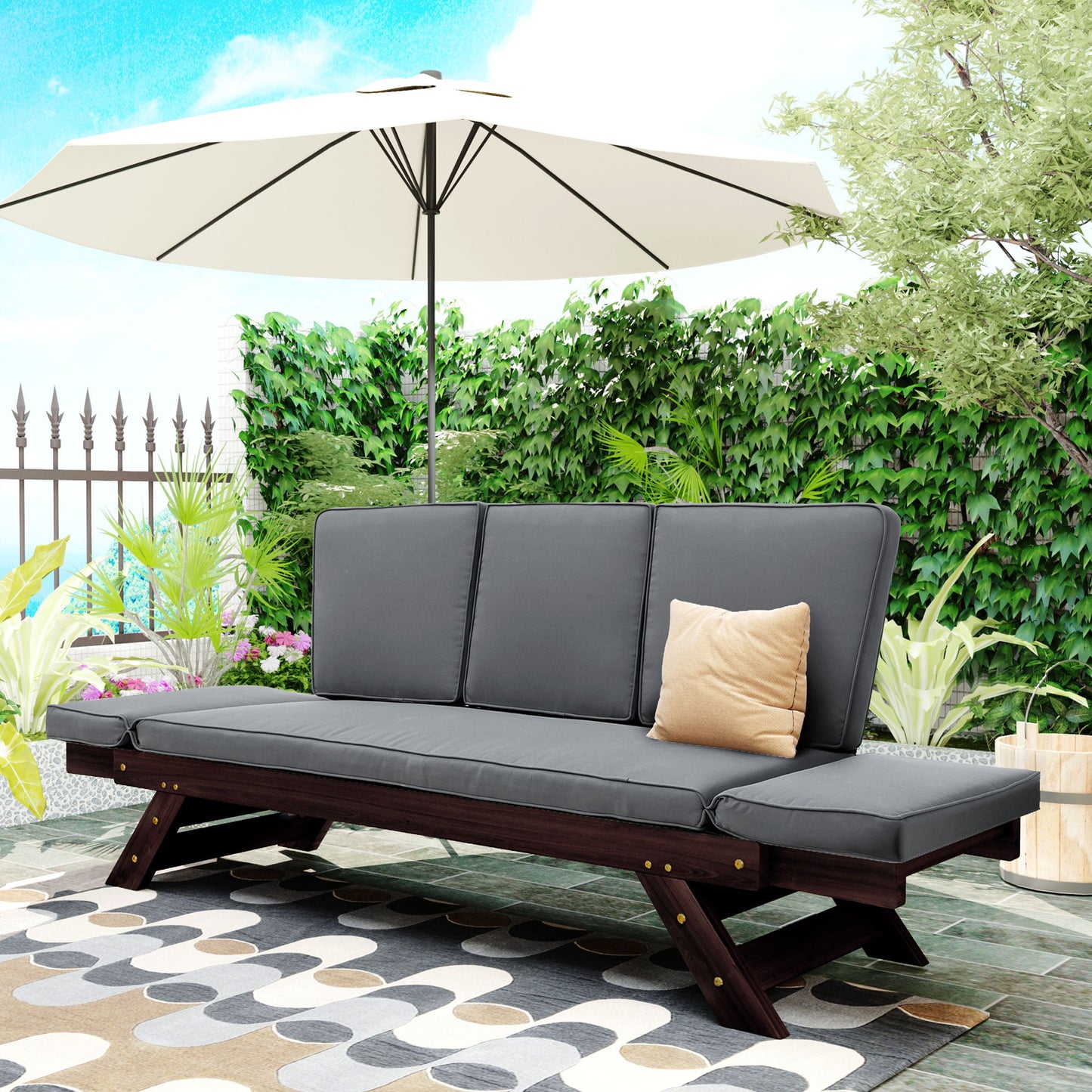 Patio Sectional Furniture Outdoor Couch, Wood Futon Sofa Adjustable Lounge Chair, Deck Poolside Garden Daybed Sofa with Cushions