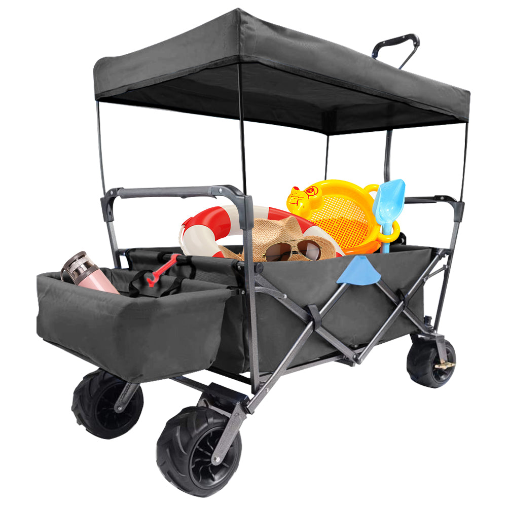 SESSLIFE Folding Beach Wagon for Sand, Collapsible Wagon Cart with Removable Canopy, Big Wheels, DT41