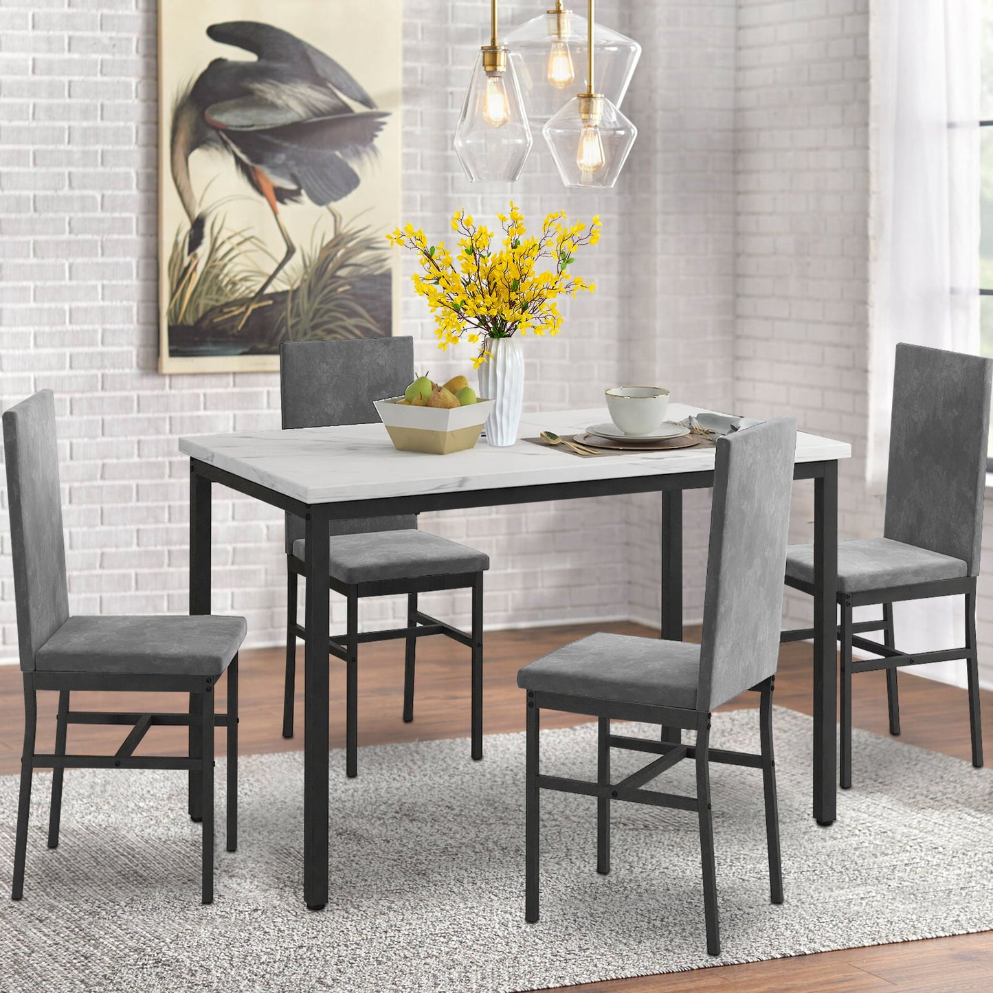5 Pieces Counter Height Dining Set, Dine Table and 4 Faux Leather Chairs
