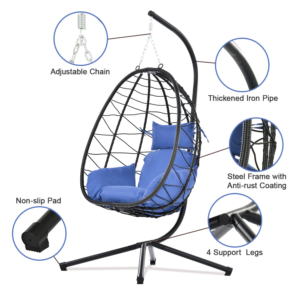 Indoor Outdoor Egg Chair, Patio Wicker Swing Egg Chair with Stand, Hanging Egg Chair with Soft Cushion and Pillow for Bedroom Living Room Balcony