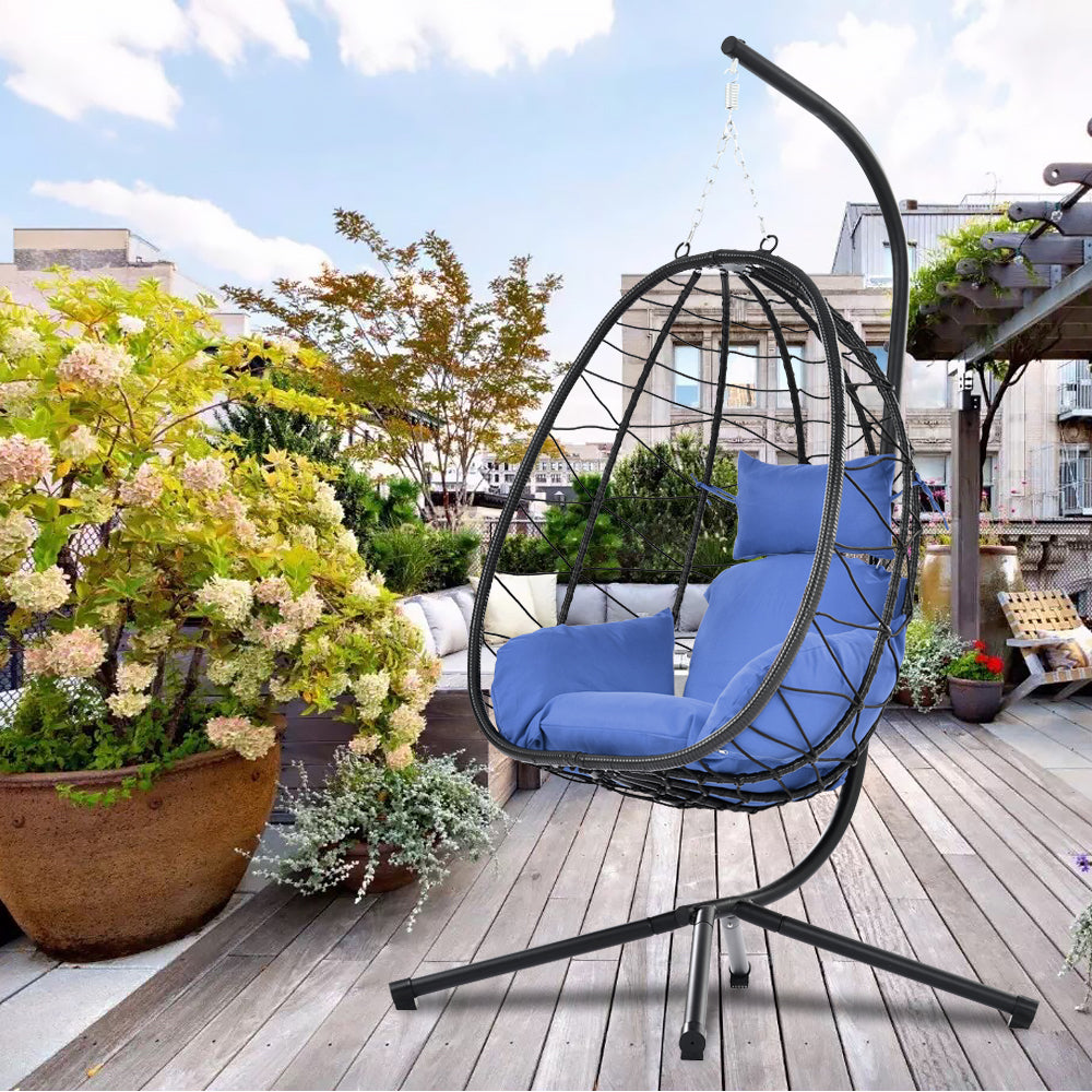 Indoor Outdoor Egg Chair, Patio Wicker Swing Egg Chair with Stand, Hanging Egg Chair with Soft Cushion and Pillow for Bedroom Living Room Balcony