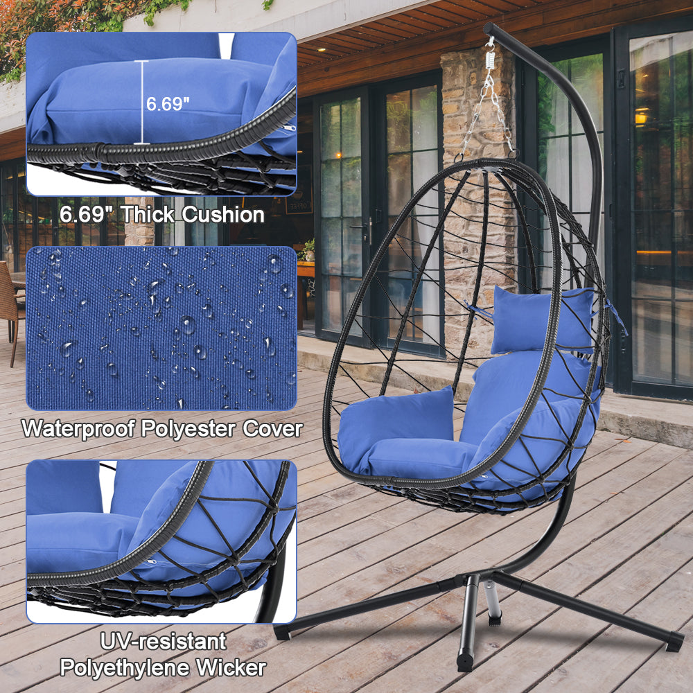 Indoor Outdoor Egg Chair, Patio Wicker Swing Egg Chair with Stand, Hanging Egg Chair with Soft Cushion and Pillow for Bedroom Living Room Balcony