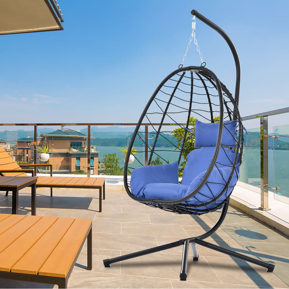 Indoor Outdoor Egg Chair, Patio Wicker Swing Egg Chair with Stand, Hanging Egg Chair with Soft Cushion and Pillow for Bedroom Living Room Balcony