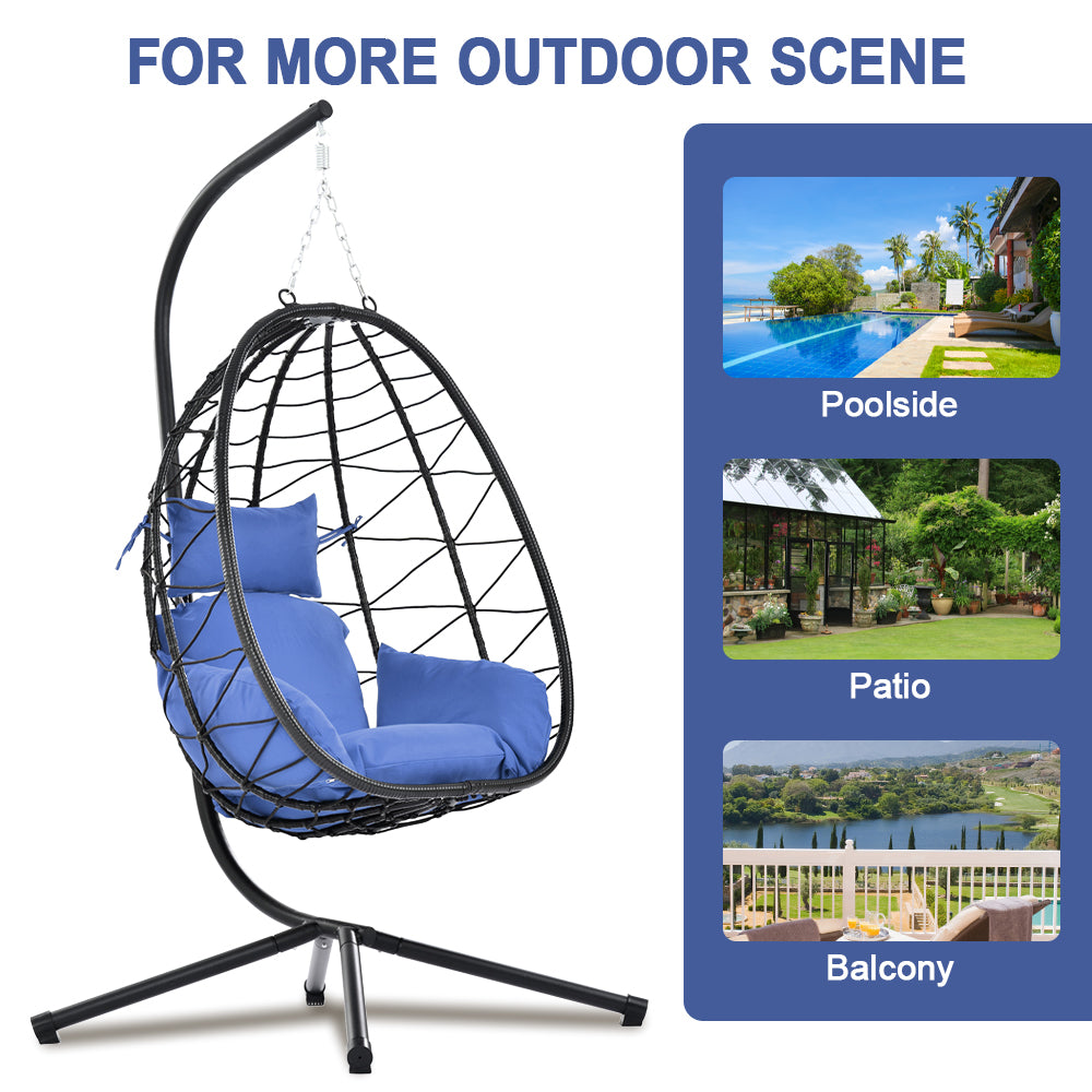 Indoor Outdoor Egg Chair, Patio Wicker Swing Egg Chair with Stand, Hanging Egg Chair with Soft Cushion and Pillow for Bedroom Living Room Balcony