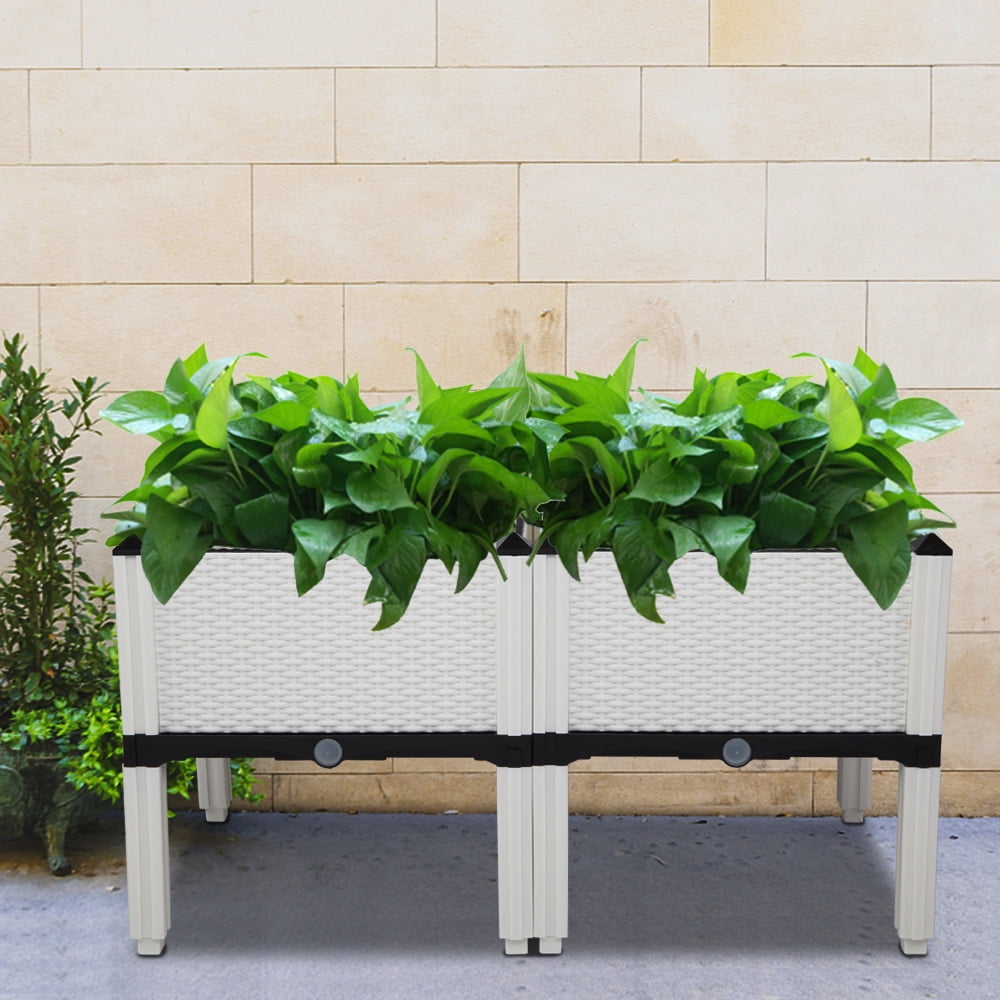 Sesslife Plastic Raised Garden Bed Set of 2, Elevated Planter Box with Drainage Holes, Self-Watering, Elevated Garden Bed for Indoor Outdoor Planting, White