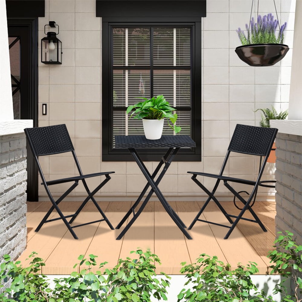 SESSLIFE Patio Bistro Set, Outdoor Patio Furniture Set, 3 Piece Patio Wicker Dining Set w/Steel Frame, Foldable Bistro Chairs and Table for Backyard Balcony Deck, Rattan Furniture Set, Black, X1308