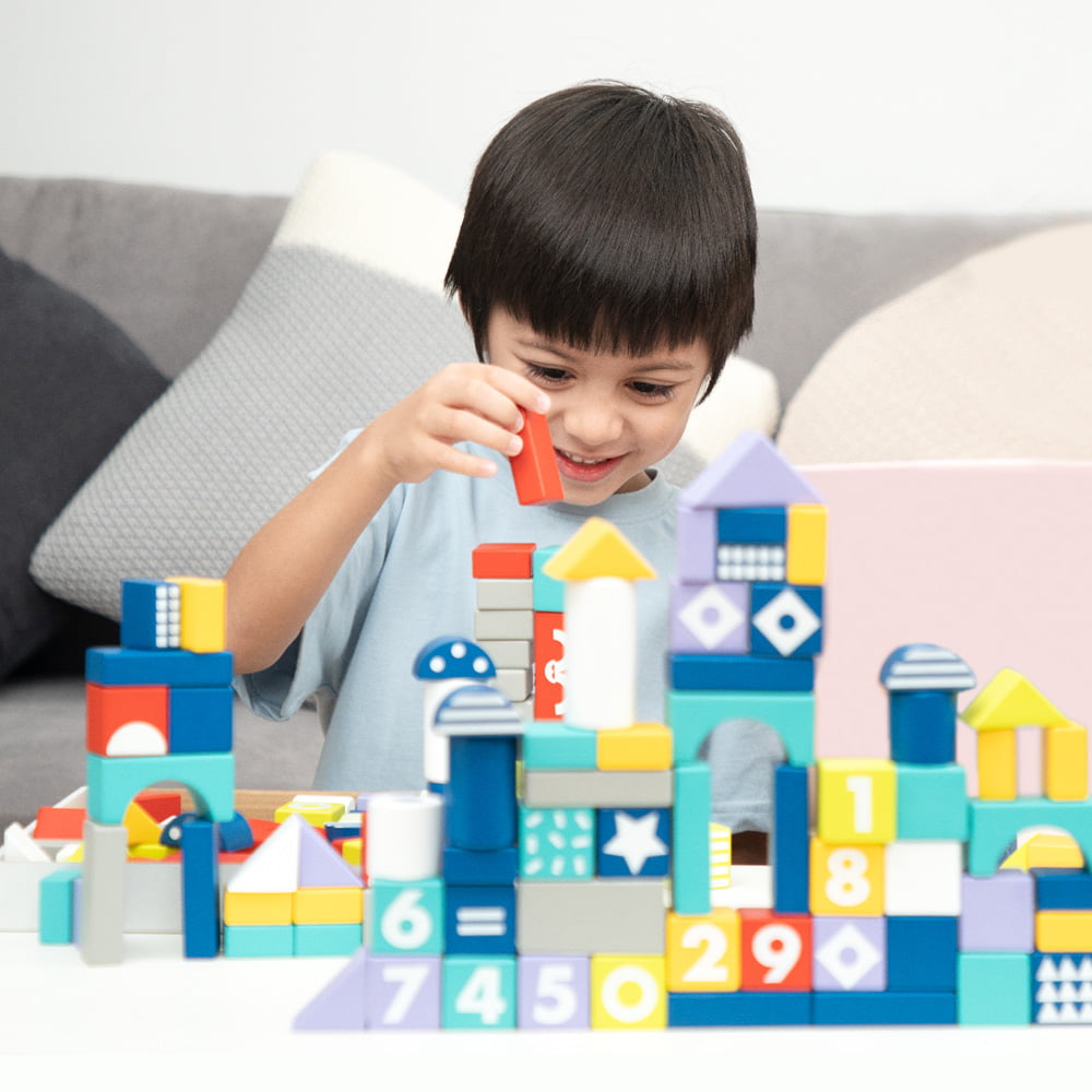 Kids Learning Toys Building Blocks, SESSLIFE 100 Piece Wooden Building Blocks Set with Storage Bag, Stacking Blocks Toy for Boys Girls Ages 3+, X316