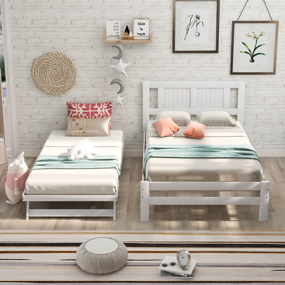 SESSLIFE Platform Bed with Adjustable Trundle, Wood Full Bed Frame with Headboard for Kids Teens Adult, Convertible 2-in-1Modern Beds for Bedroom Guest Room, No Box Spring Needed, White, X2150
