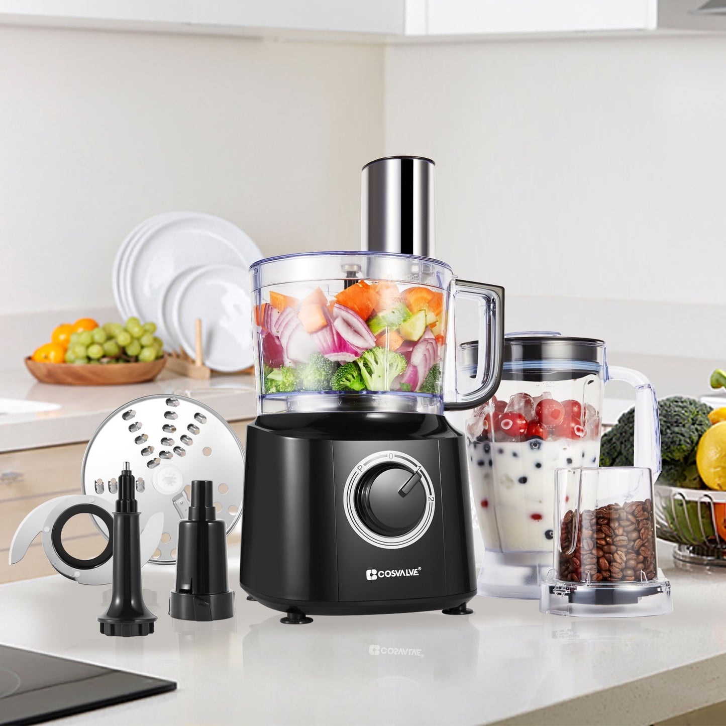 Sesslife Food Processor and Mixer, 4-in-1 Kitchen Food Processors w/2 Speeds, Pulse Function, 1800ML Blending Jar & 1400ML Processing Bowl, 550W Stainless Steel Food Processor, Black