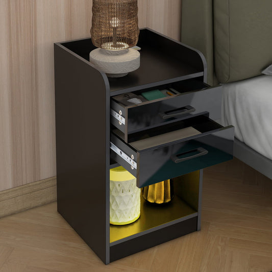 Sesslife Modern Nightstand with LED Light, USB Charging Ports and Outlets, Wireless Charging, Wood Bedside Table with Storage Drawers and Shelf for Bedroom Living Room, Black