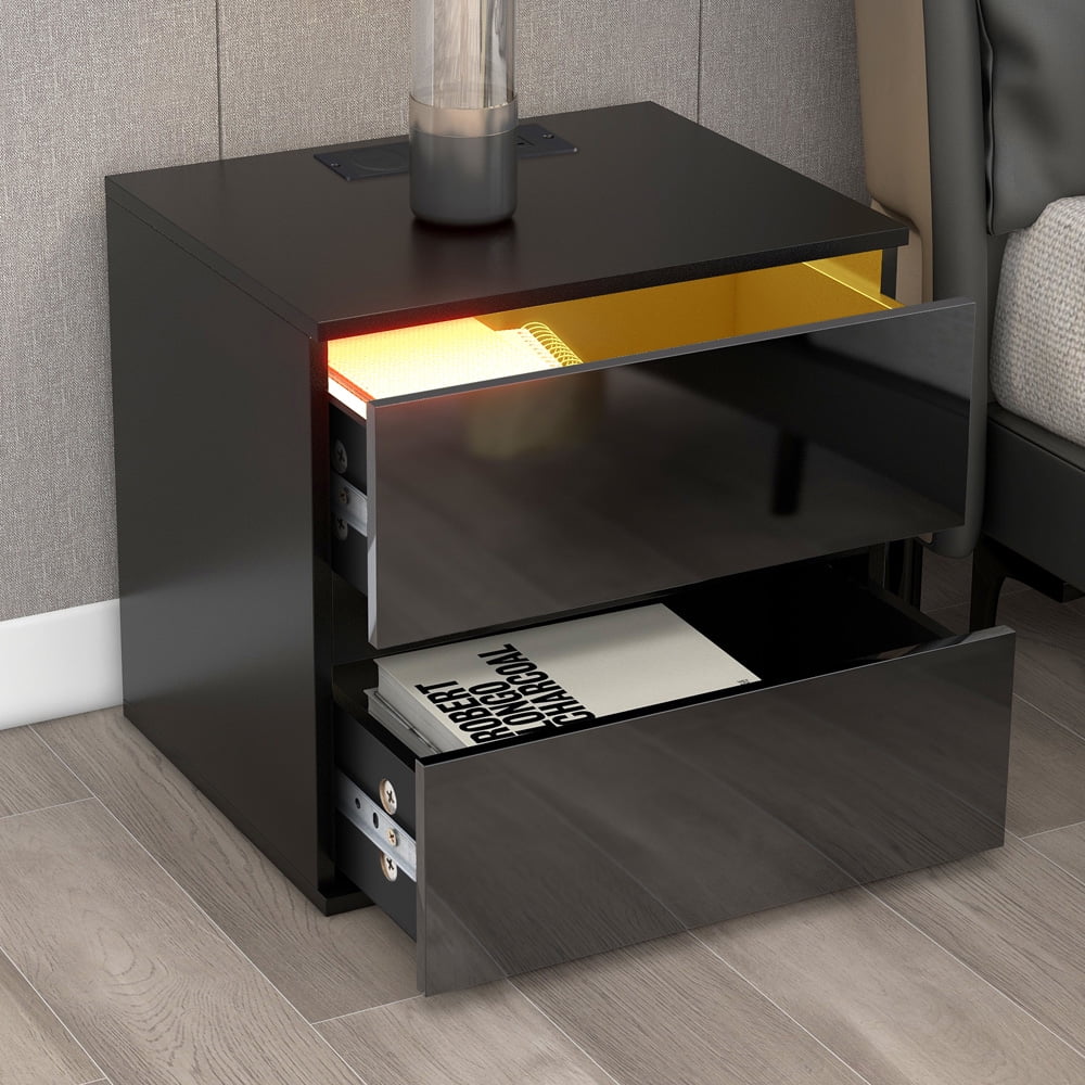 Sesslife Modern Nightstand with LED Light, USB Charging Ports and Outlets, Wireless Charging, Wood Bedside Table with Storage Drawers and Shelf for Bedroom Living Room, Black