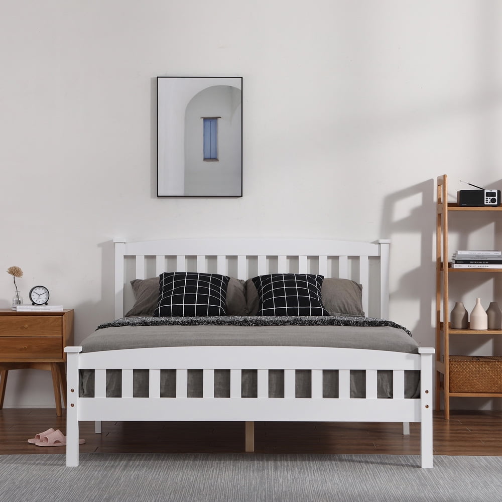 Sesslife Queen Bed Frame with Headboard, Queen Platform Bed Frame with Mattress Foundation, No Box Spring Needed, Rustic Style Wood Bed Frame for Adults Bedroom/Kids Room/Teen Dorm, White