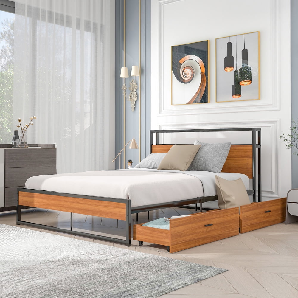 Sesslife Platform Bed Queen Size, Metal Bed Frame with 2 Drawers for Bedroom, Modern Industrial Black Bed Frame with Sockets and USB Ports, Storage Queen Bed No Box Spring Needed, 770 LBS