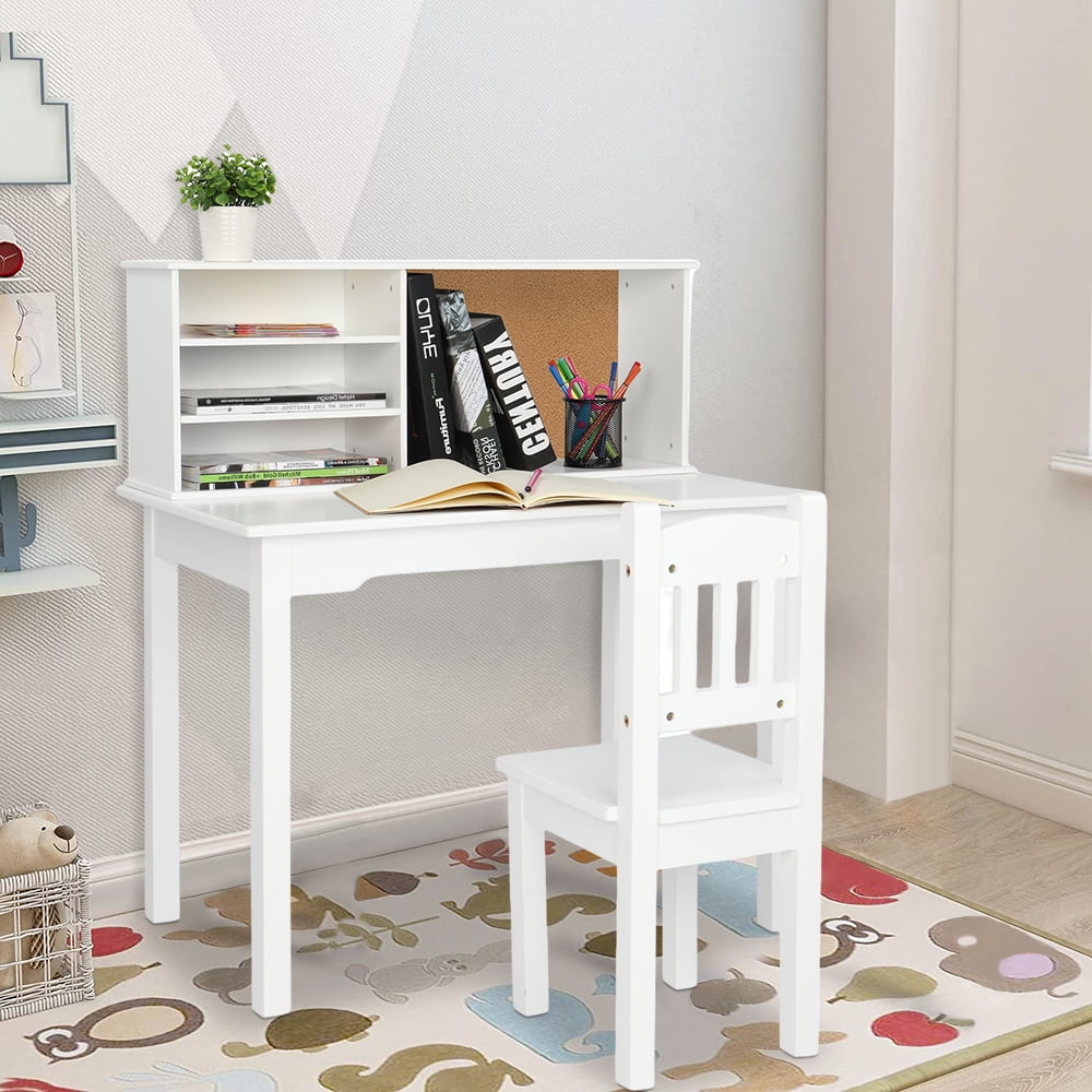 SESSLIFE Kids Desk and Chair Set with Storage, Wooden Study Table with Open Shelves for Girls Boys, Painted Study Computer Desk Workstation & Writing Table for Bedroom School Study, White, X841