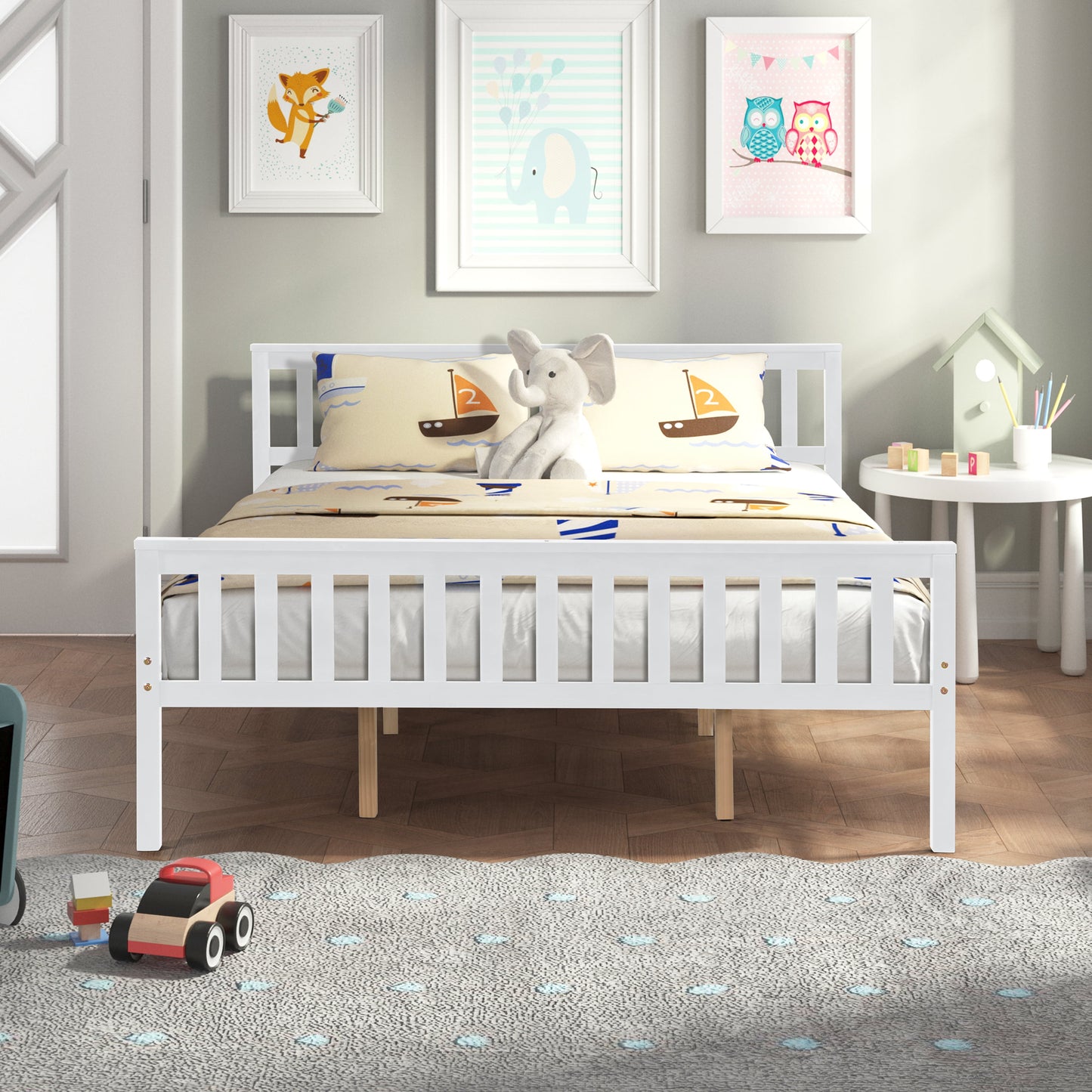 Sesslife Queen Bed Frame, Wood Platform Bed Frame with Headboard, Modern Bed Frame with Sturdy Wood Slat Support, Mattress Foundation, No Box Spring Required, Easy Assembly, White