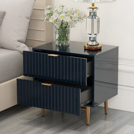 Sesslife Nightstand with 2 Drawers, Storage Bedside Table with Golden Handle and Metal Legs, Modern and Retro Style Bedroom Furniture, Living Room End Side Table, Black