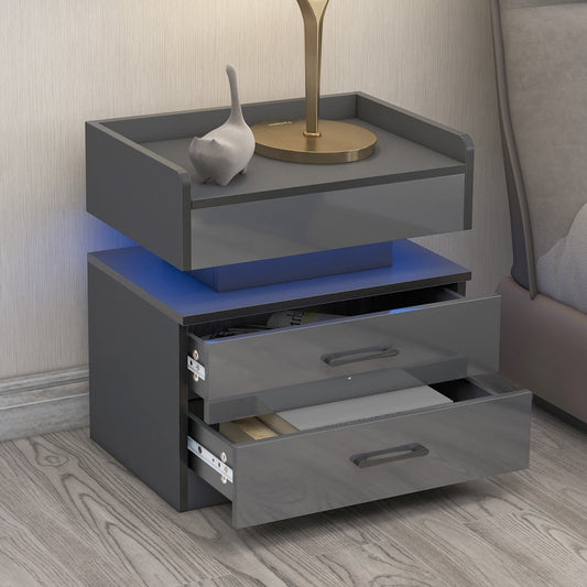 Sesslife Modern Nightstand with LED Light, USB Charging Ports and Outlets, Wireless Charging, Wood Bedside Table with Storage Drawers for Bedroom Living Room, Dark Gray