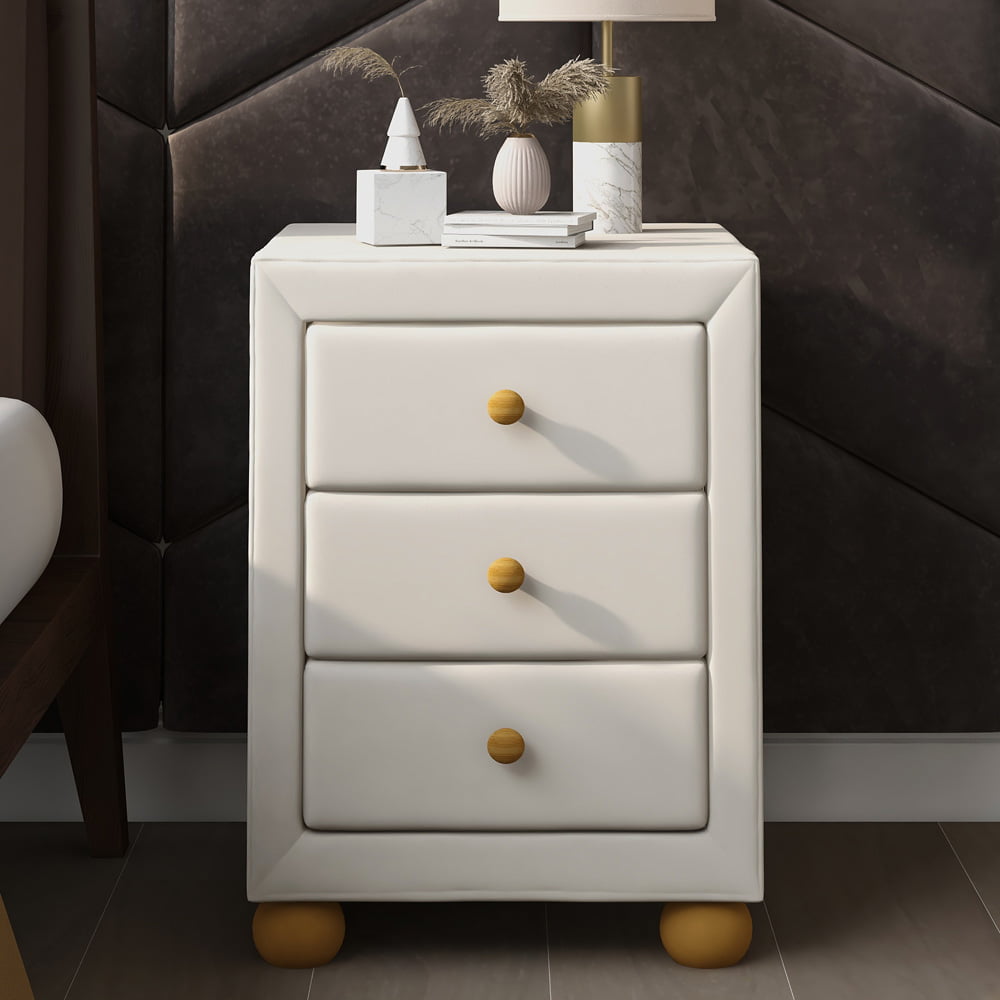 Modern Upholstered Nightstand, Sesslife Storage Bedside Table with 3 Drawers, Natural Wood Knobs, Sturdy Round Legs, 15.7"W Nightstand for Bedroom Living Room, Beige