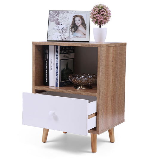 SESSLIFE Nightstand with Drawer, Modern Bedroom Nightstand Set of 2, Log Color & White Wood Bedside Table Living Room Sofa End Table, X337