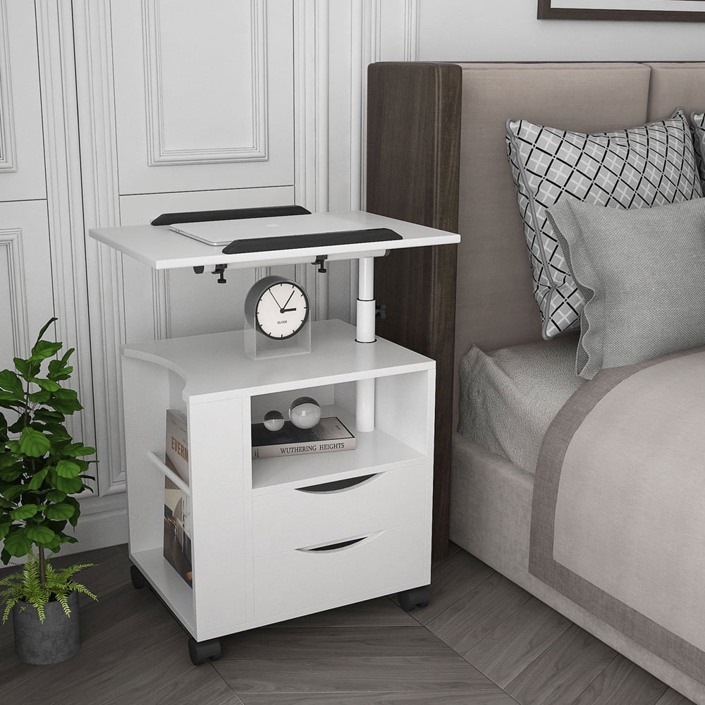 SESSLIFE Nightstand with Wheel and Lift, White Bedside Table with Height Adjustable & Swivel Tilt Top, Wooden End Table with 2 Drawer and Open Shelf, Side Table for Bedroom Living Room Office, X1587