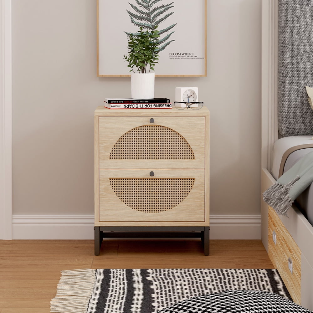 Sesslife Natural Nightstand for Bedroom, Wood Bedside Table with Two Drawers, Sturdy Iron Frame, Mid-Century Natural Rattan Modern End Table with Storage for Living Room Study