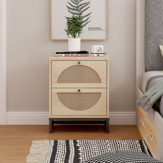 Sesslife Natural Nightstand for Bedroom, Wood Bedside Table with Two Drawers, Sturdy Iron Frame, Mid-Century Natural Rattan Modern End Table with Storage for Living Room Study