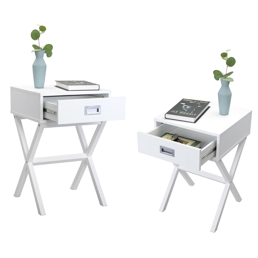 Sesslife Modern Nightstands Set of 2, Wood Bedside Tables with Drawer, White End Tables with X-Shaped Legs, Sofa Side Tables Easy Assembly, Bedroom Living Room Furniture, X3317