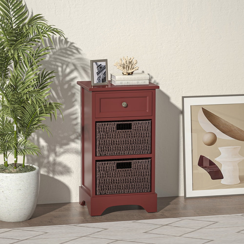 1 Drawer Dresser, SESSLIFE Red Tall Tower Dresser with 2 Woven Pull Out Baskets, Organizer Cabinet for Bedroom Hallway Living Room Storage, Wood Standing Chest Farmhouse Style Furniture, Red, X625