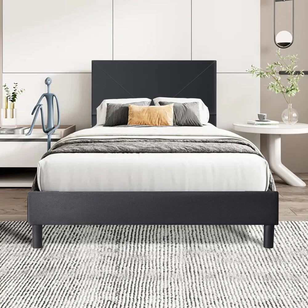 Sesslife Black Platform Bed Frame, Queen Bed Frame with Velvet Upholstered Headboard, Queen Floor Bed Frame, Mattress Foundation, No Box Spring Needed, Easy Assembly