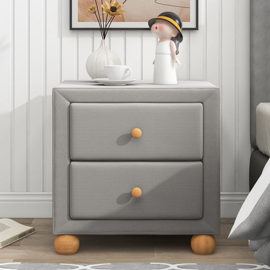 Modern Upholstered Nightstand, Sesslife Storage Bedside Table with 2 Drawers, Natural Wood Knobs, Sturdy Round Legs, 18.1"W Nightstand for Bedroom Living Room, Light Gray