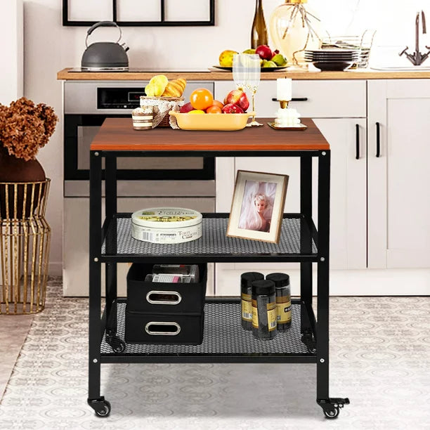 Microwave Cart with Storage, 3 Tier Wood Metal Kitchen Cart, Coffee Bar for Spice, Pots and Pans Organizer, Black with Brown