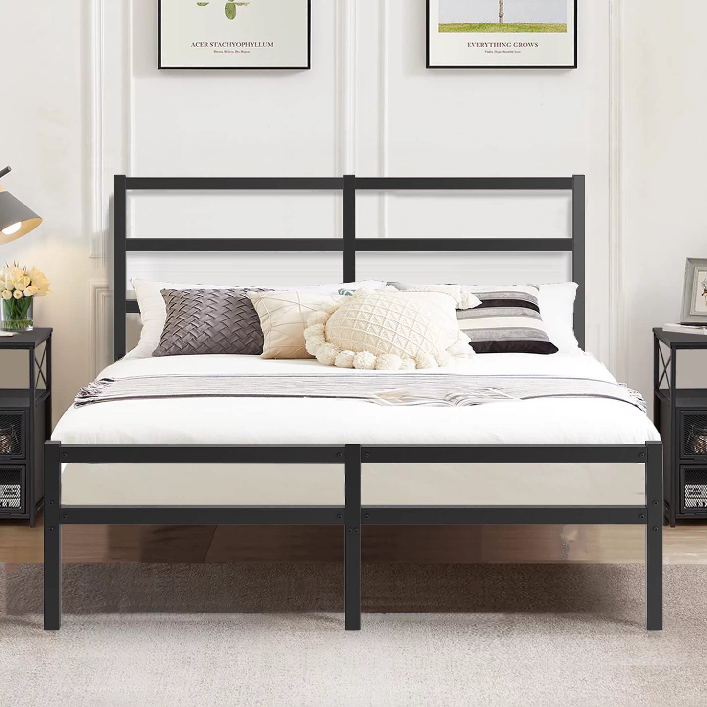Sesslife Metal Bed Frame Full Size, Black Platform with Vintage Headboard and Footboard, Sturdy Steel Slat Support, Victorian Style Mattress Foundation, Iron Bed Frame for Bedroom