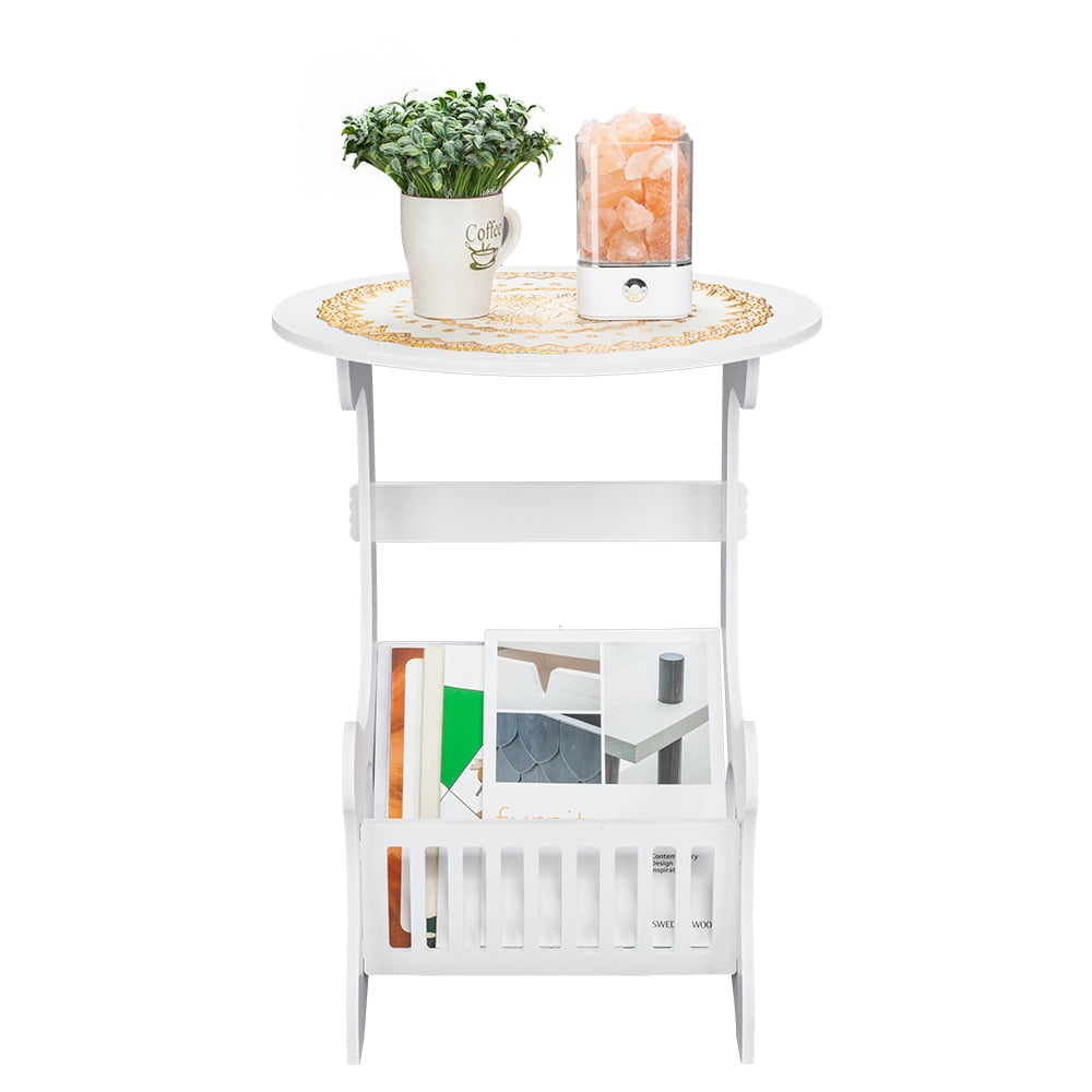 Round End Table for Small Space, SESSLIFE White Side Table with Magazine Rack for Living Room, Wood Modern Furniture, 12.99"(L) x 8.66"(W) x 23.62"(H),