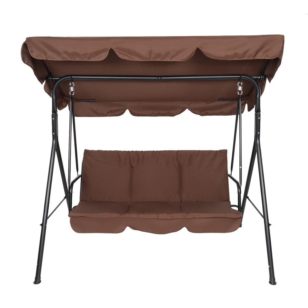 Sesslife Patio Swing Chair with Iron Stand, Porch Swing with Adjustable Canopy and Cushioned Seat/Back, 551 Weight Capacity, 3-Person Outdoor Swing Chairs for Poolside Garden Balcony, Brown