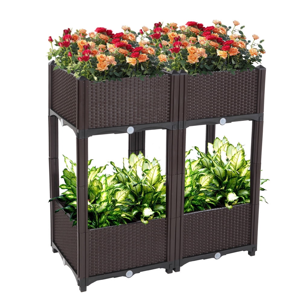 Sesslife Plastic Elevated Planter Box, Raised Garden Bed with Self-Watering & Drainage Holes for Flower Vegetable Grow, Free Splicing Planter Box Set of 4, Brown