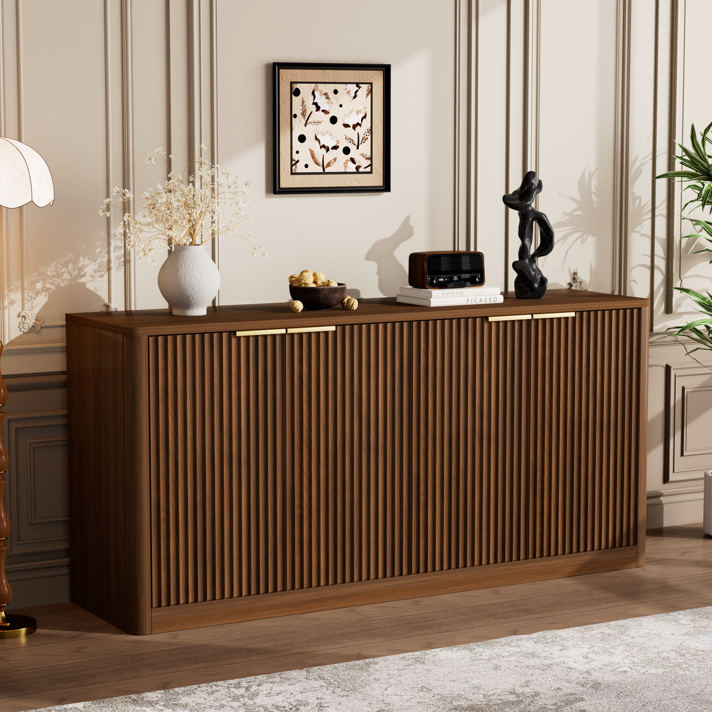 SESSLIFE 59 Inch Modern Wavy Sideboard Cabinet with Curved Front and 4 Doors, Natural MDF Storage Cabinet Media Console TV Stand for Living Room Kitchen Bedroom