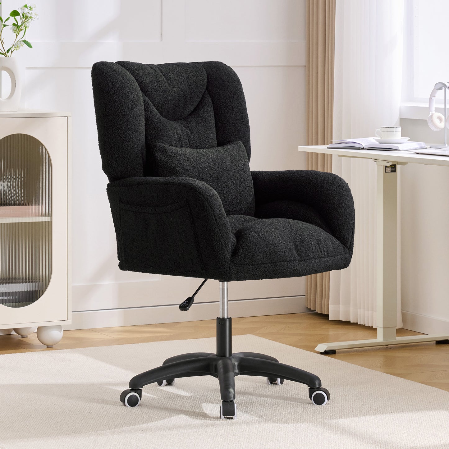 Cozy Teddy Desk Chair with Wheels, SESSLIFE Ivory Home Office Chair with High Back and Lumbar Pillow, Adjustable Swivel Computer Chair Home Office, Study, Vanity Room, Bedroom