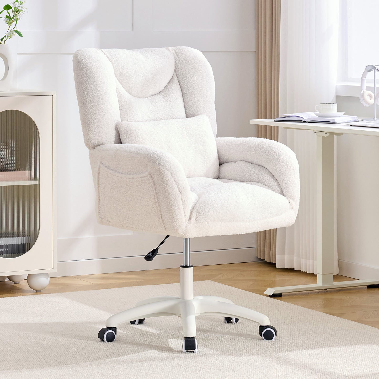 Cozy Teddy Desk Chair with Wheels, SESSLIFE Ivory Home Office Chair with High Back and Lumbar Pillow, Adjustable Swivel Computer Chair Home Office, Study, Vanity Room, Bedroom