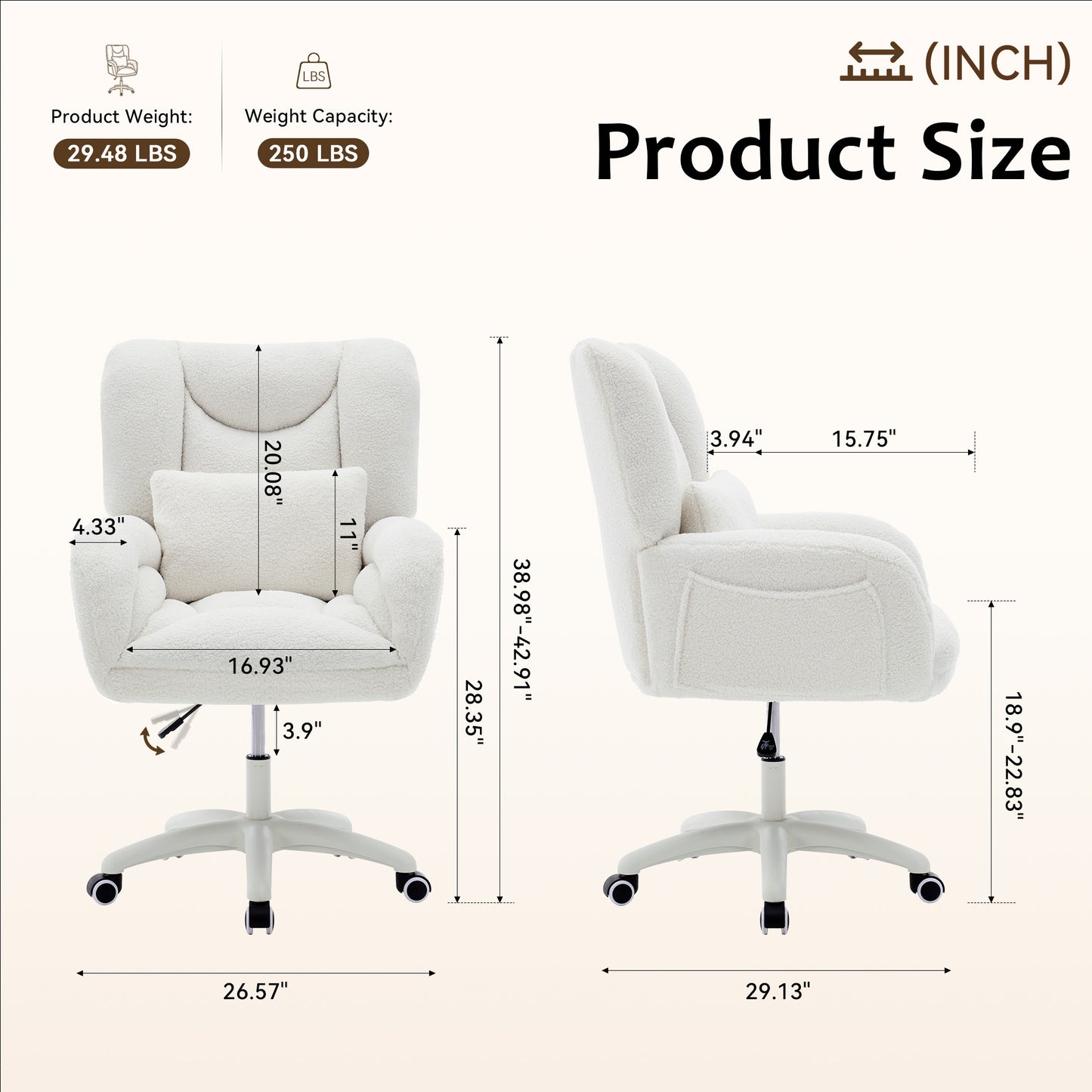 Cozy Teddy Desk Chair with Wheels, SESSLIFE Ivory Home Office Chair with High Back and Lumbar Pillow, Adjustable Swivel Computer Chair Home Office, Study, Vanity Room, Bedroom