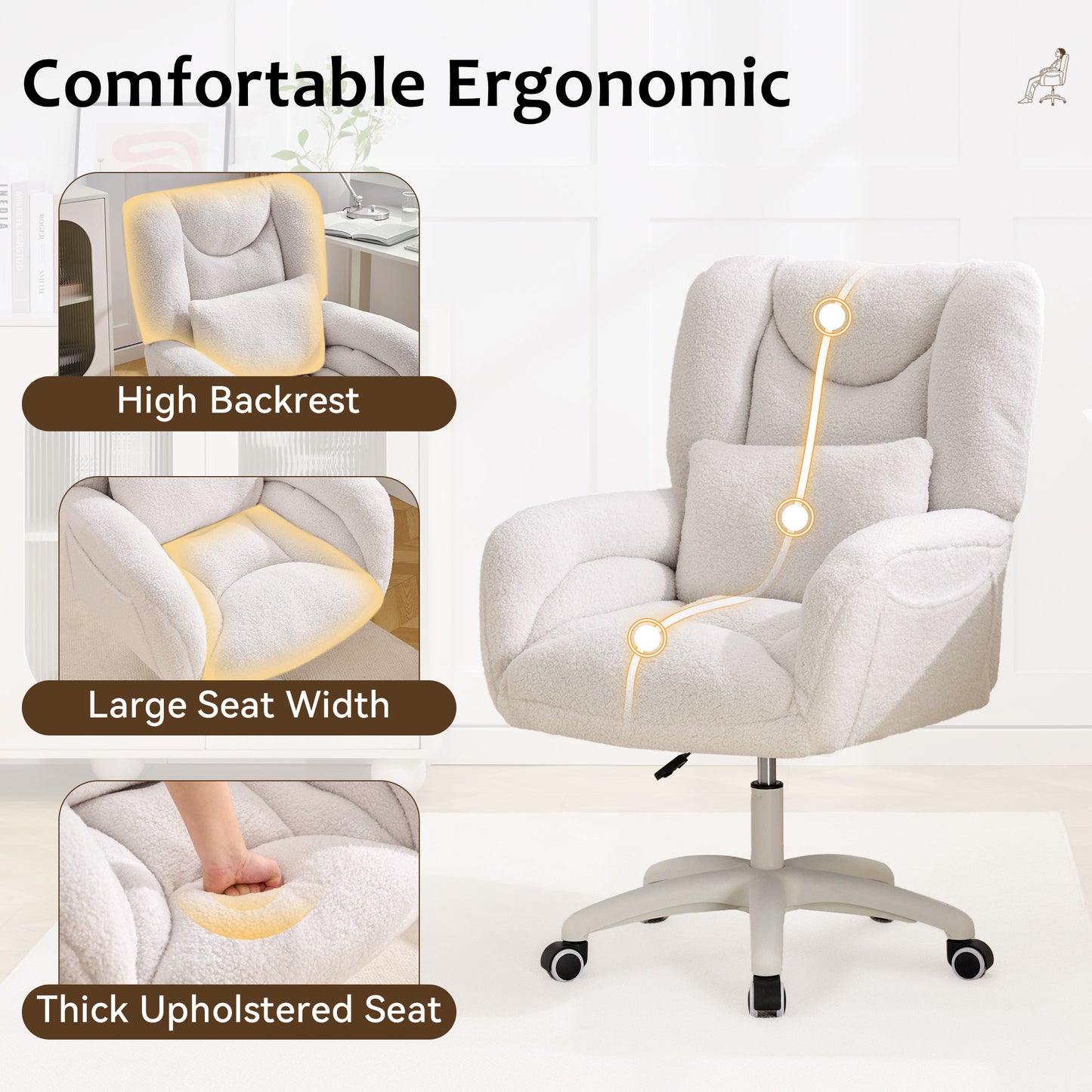 Cozy Teddy Desk Chair with Wheels, SESSLIFE Ivory Home Office Chair with High Back and Lumbar Pillow, Adjustable Swivel Computer Chair Home Office, Study, Vanity Room, Bedroom