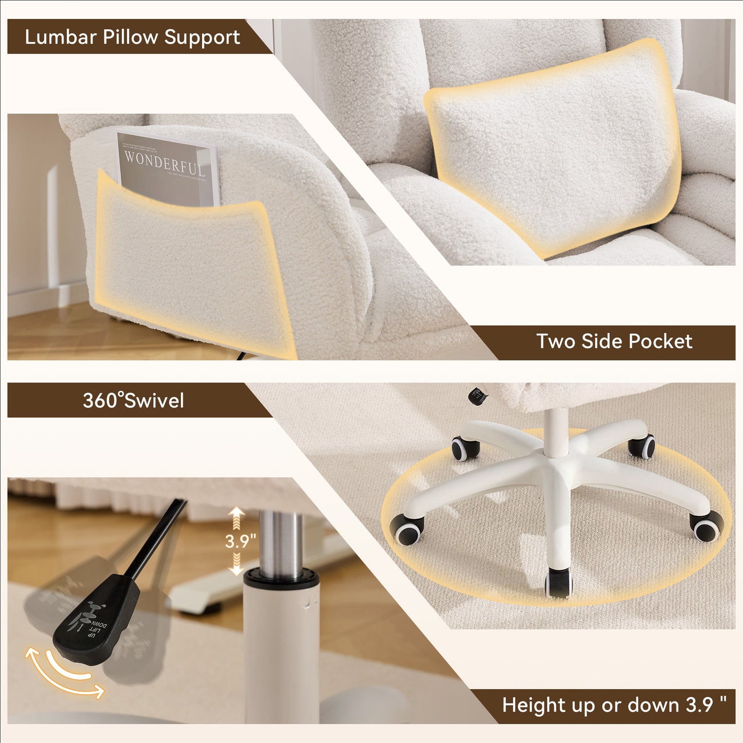 Cozy Teddy Desk Chair with Wheels, SESSLIFE Ivory Home Office Chair with High Back and Lumbar Pillow, Adjustable Swivel Computer Chair Home Office, Study, Vanity Room, Bedroom