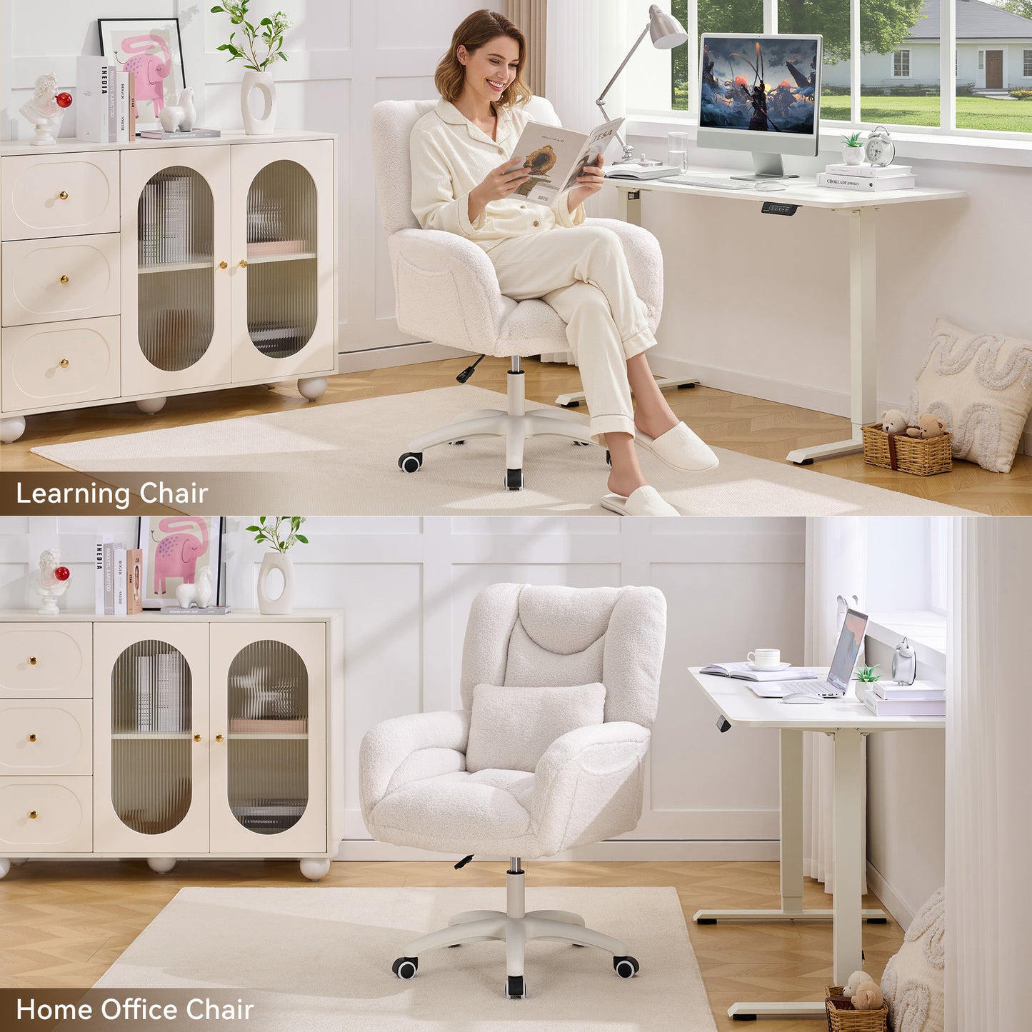 Cozy Teddy Desk Chair with Wheels, SESSLIFE Ivory Home Office Chair with High Back and Lumbar Pillow, Adjustable Swivel Computer Chair Home Office, Study, Vanity Room, Bedroom