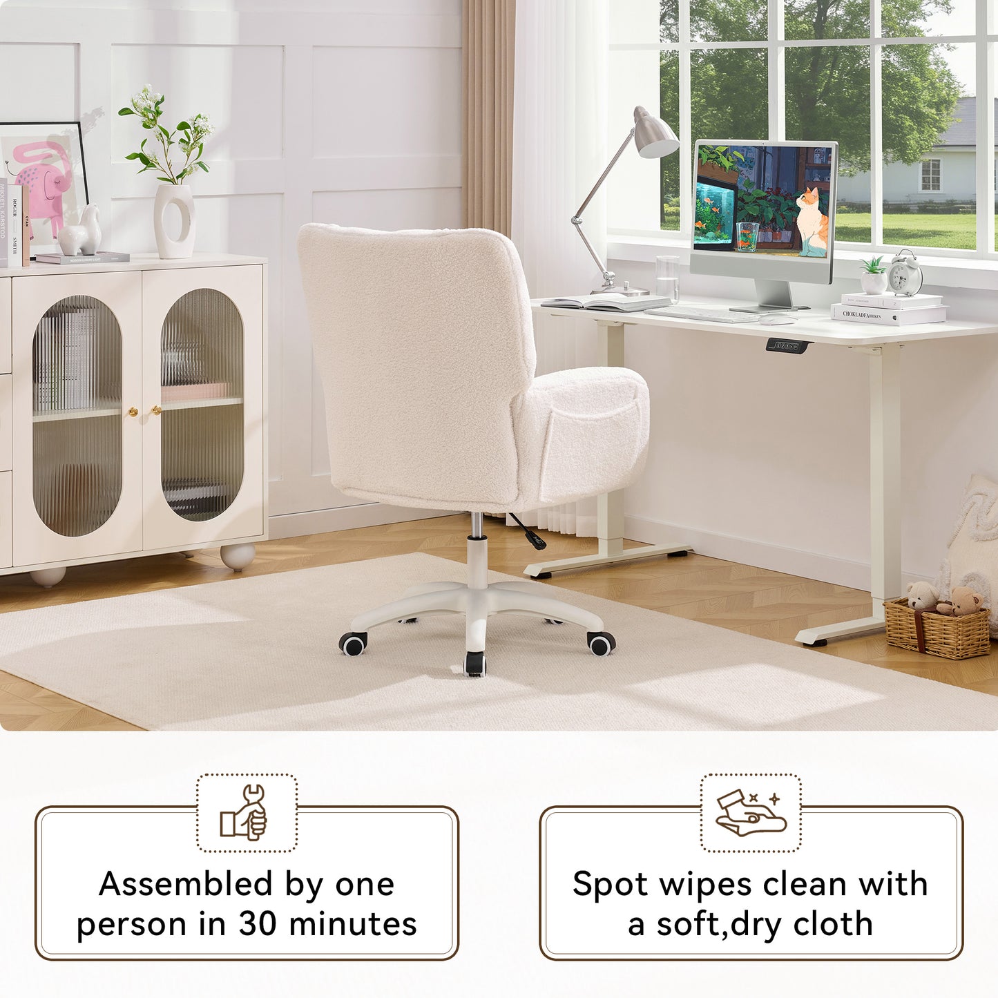 Cozy Teddy Desk Chair with Wheels, SESSLIFE Ivory Home Office Chair with High Back and Lumbar Pillow, Adjustable Swivel Computer Chair Home Office, Study, Vanity Room, Bedroom