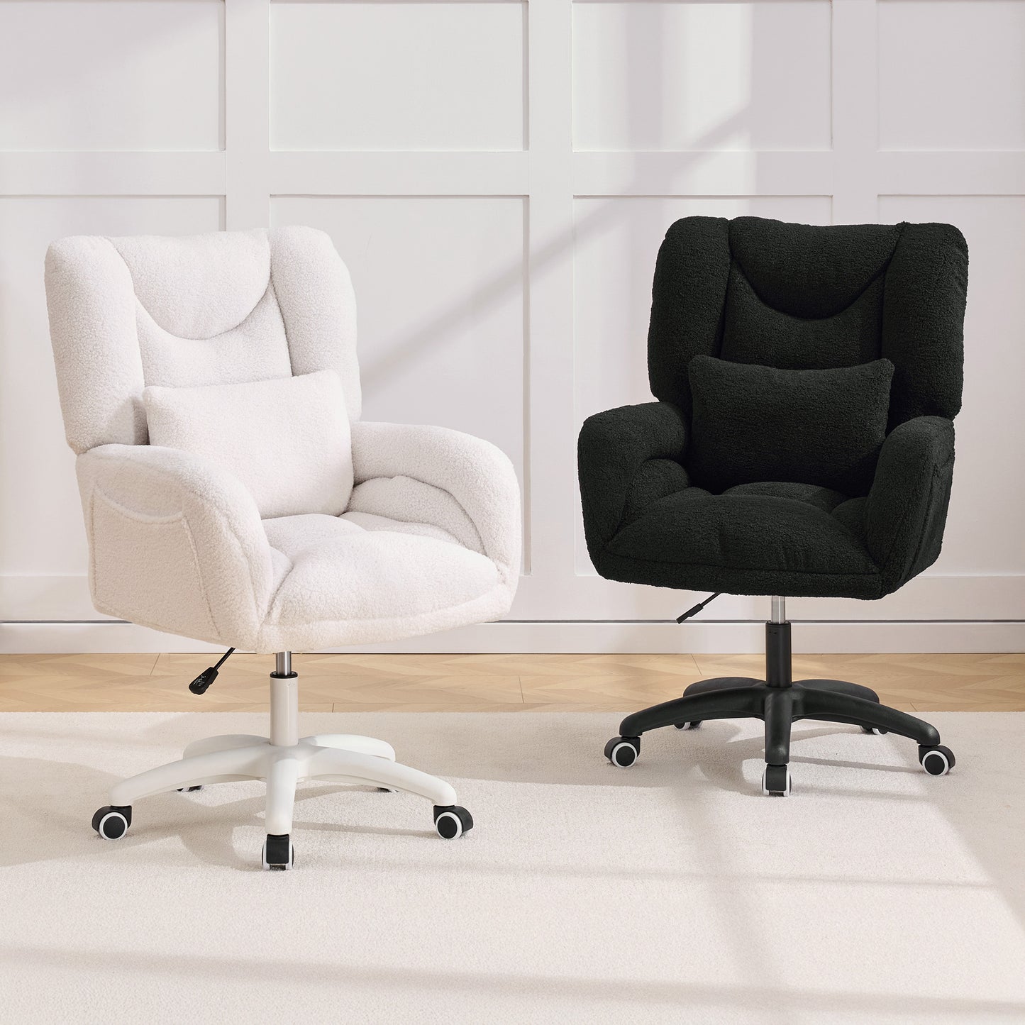 Cozy Teddy Desk Chair with Wheels, SESSLIFE Ivory Home Office Chair with High Back and Lumbar Pillow, Adjustable Swivel Computer Chair Home Office, Study, Vanity Room, Bedroom