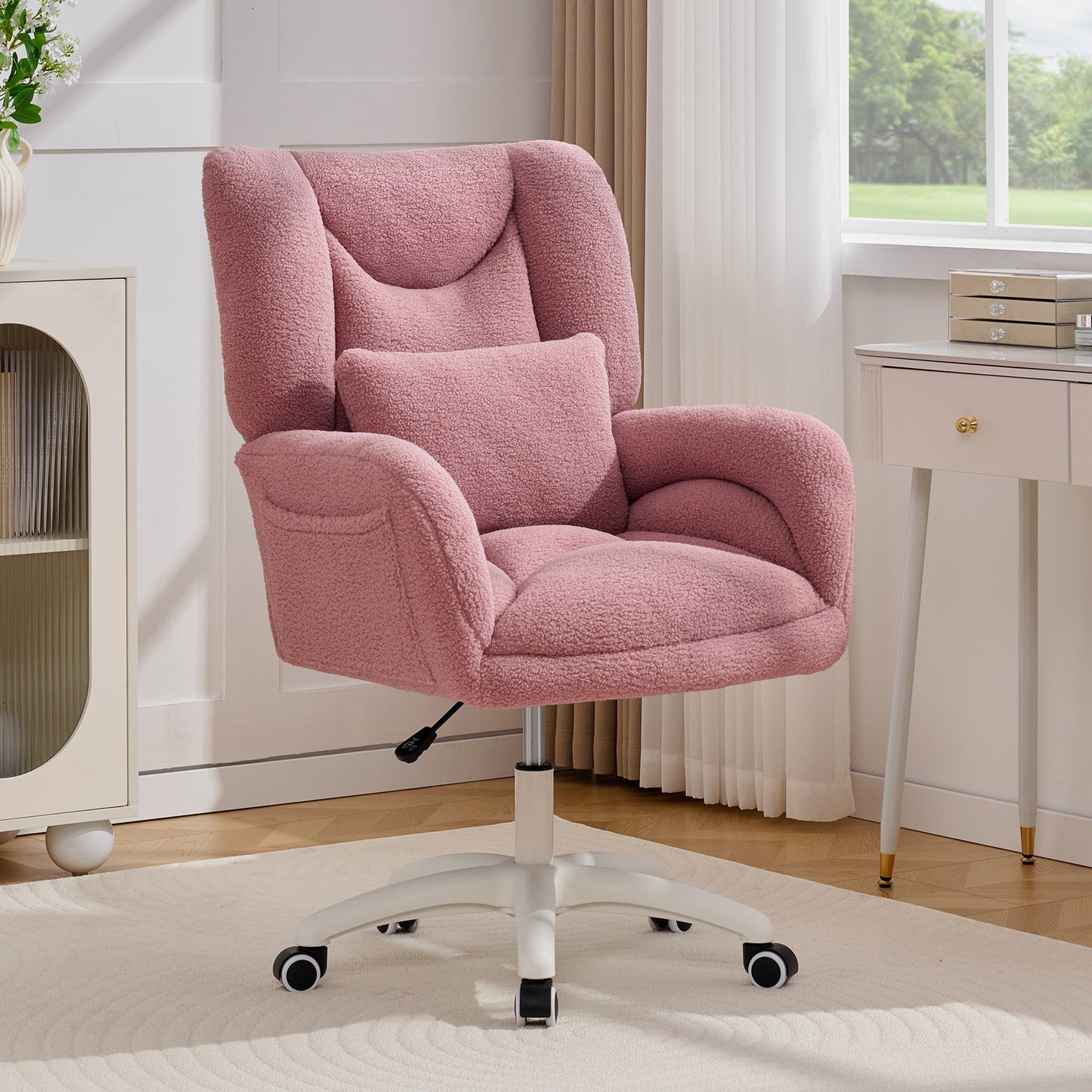 Cozy Teddy Desk Chair with Wheels, SESSLIFE Ivory Home Office Chair with High Back and Lumbar Pillow, Adjustable Swivel Computer Chair Home Office, Study, Vanity Room, Bedroom