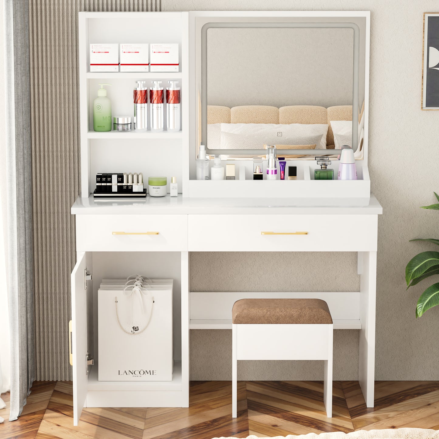 Sesslife 32" Wide Vanity Desk Set with LED Mirror, Makeup Dressing Table with 2 Drawers, Storage Cabinet, Charging Station and Open Shelves, Makeup Desk with Cushioned Stool for Girls Women, White
