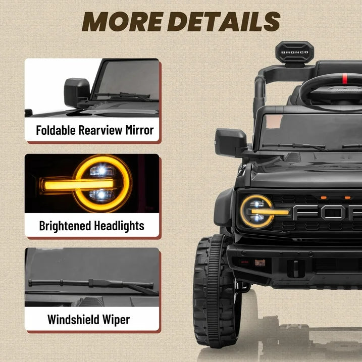 Ford Bronco Raptor Powered Ride on Truck, 12V Powered Kids Ride on Toy Cars with Remote Control, Bluetooth, LED, MP3, Safety Belt, 4 Wheelers, Electric Car for Kids Girls 3-5 Gift, Black