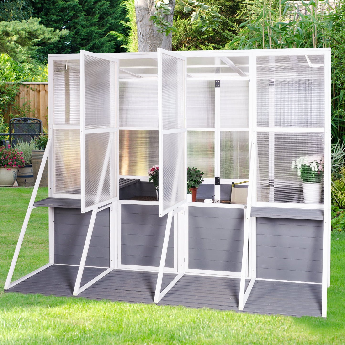 6'x4' Walk-in Greenhouse, Wood Frame Polycarbonate Greenhouse with 2 Shelf and Floor, Quick Installation Indoor Outdoor Grow House